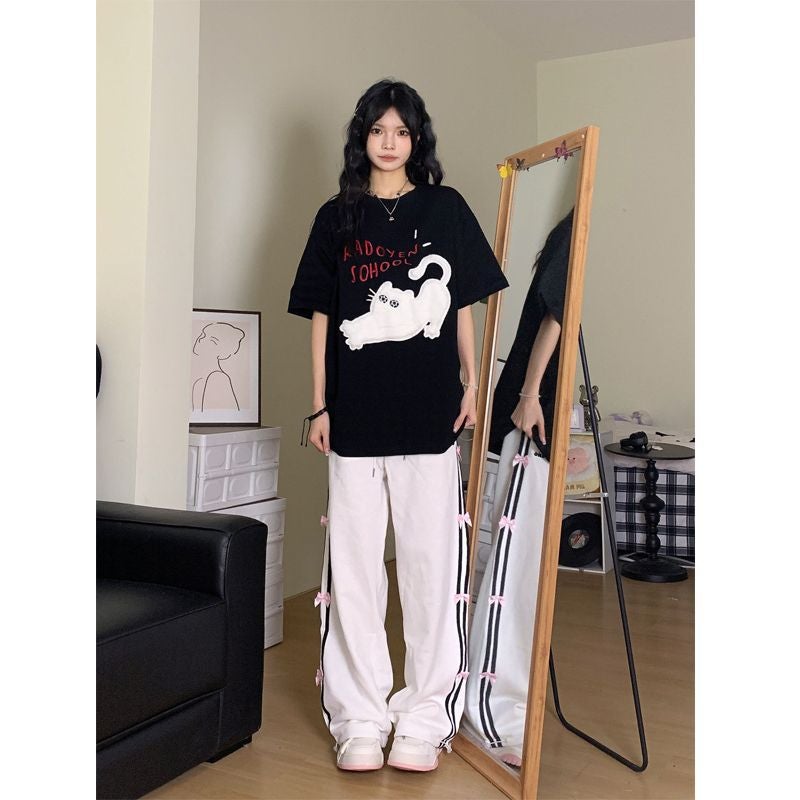 200g Heavy Print Stretch Cat Letter Short-sleeved T-shirt for Men and Women Summer New Loose Cotton Couples White. - Image 4