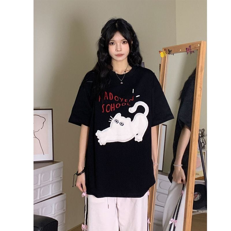 200g Heavy Print Stretch Cat Letter Short-sleeved T-shirt for Men and Women Summer New Loose Cotton Couples White. - Image 2