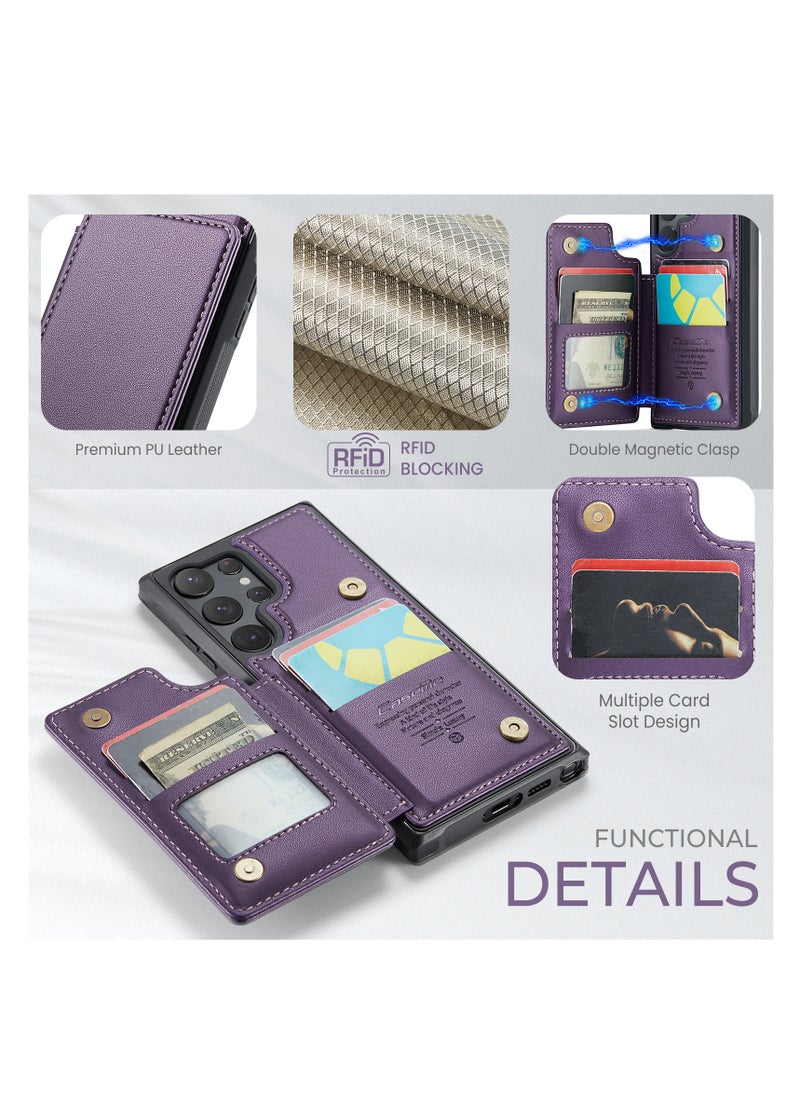 CaseMe Wallet Case for Samsung Galaxy S23 Ultra, Premium Handmade Durable PU Leather Slim Shockproof Case with [Double Magnetic Clasp] [Card Holder] [Kickstand] [RFID Blocking] (Purple)  - Image 5