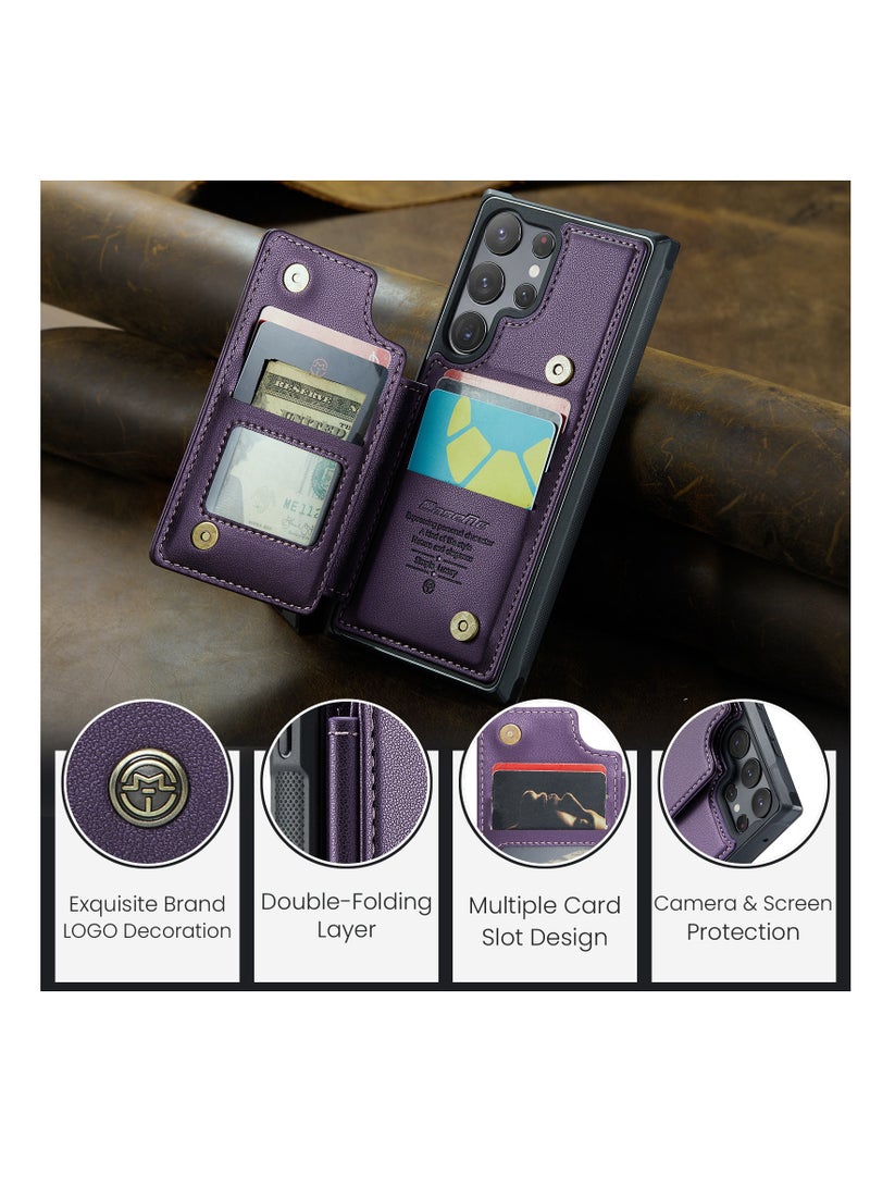 Wallet Case for Samsung Galaxy S23 Ultra, Premium Handmade Durable PU Leather Slim Shockproof Case with [Double Magnetic Clasp] [Card Holder] [Kickstand] [RFID Blocking] (Purple)