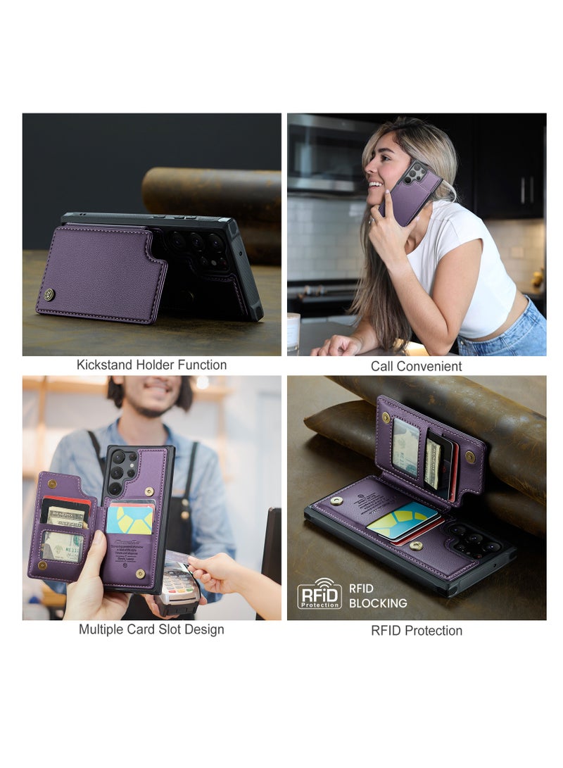 Wallet Case for Samsung Galaxy S23 Ultra, Premium Handmade Durable PU Leather Slim Shockproof Case with [Double Magnetic Clasp] [Card Holder] [Kickstand] [RFID Blocking] (Purple)