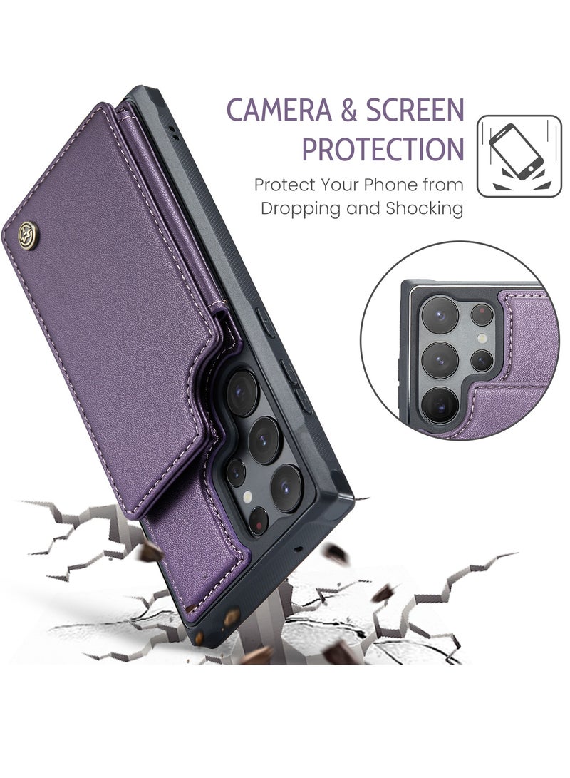 Wallet Case for Samsung Galaxy S23 Ultra, Premium Handmade Durable PU Leather Slim Shockproof Case with [Double Magnetic Clasp] [Card Holder] [Kickstand] [RFID Blocking] (Purple)