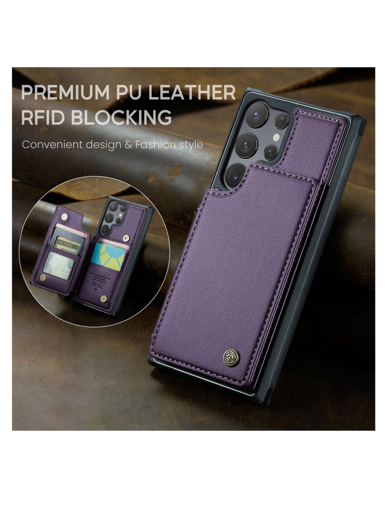 Wallet Case for Samsung Galaxy S23 Ultra, Premium Handmade Durable PU Leather Slim Shockproof Case with [Double Magnetic Clasp] [Card Holder] [Kickstand] [RFID Blocking] (Purple)