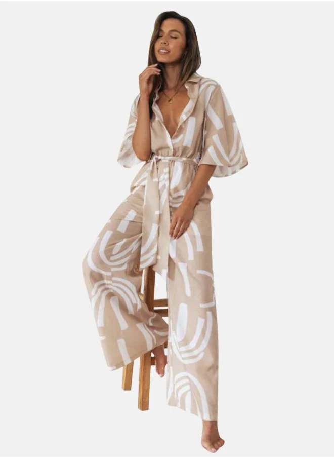 يونيكي Beige Printed Shirt Collar Basic Jumpsuit