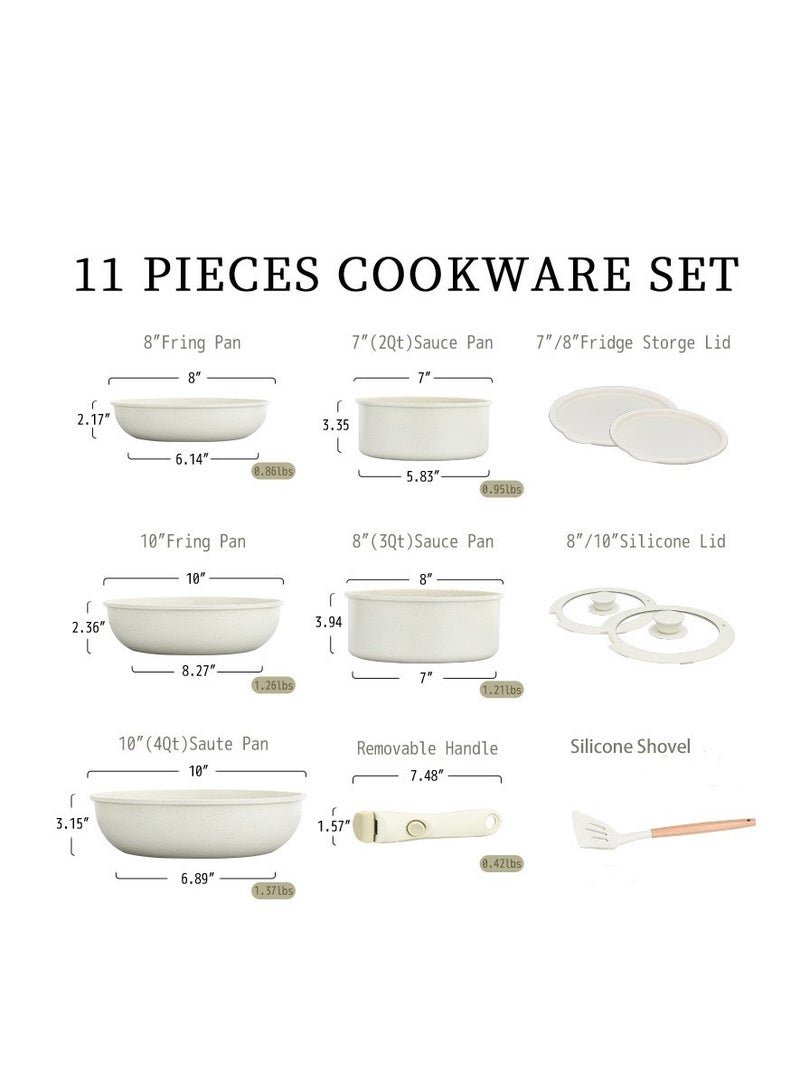 11pcs ceremic aluminum nonstick cookware set fry pan detachable handle glass lid silicone pans pots  - Image 2