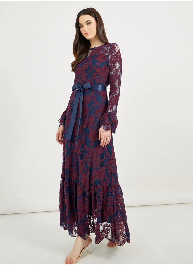 ستايلي Styli All Over Lace Satin Bow Tie A-Line Maxi Dress