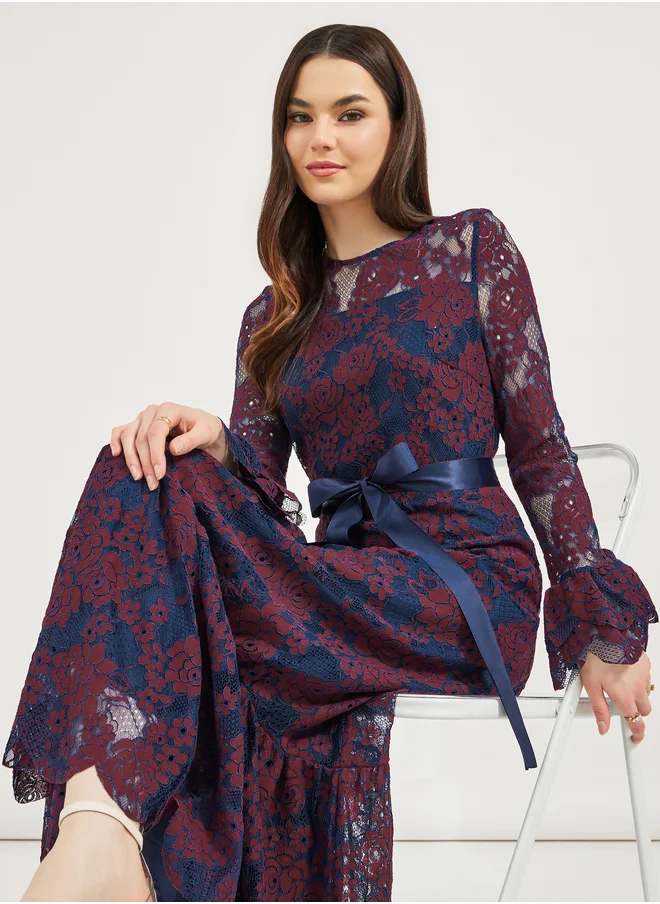 ستايلي Styli All Over Lace Satin Bow Tie A-Line Maxi Dress