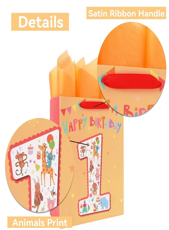 Qirrmiy 13'' Large Baby Boy Girl kids Gift Bag Set with Handles, 1st Birthday Party, Greeting Card, Tissue Papers and Stickers for Baby, Happy First Birthday, 1 Year Old Birthday, Animals Design, 1 Pcs - Image 4