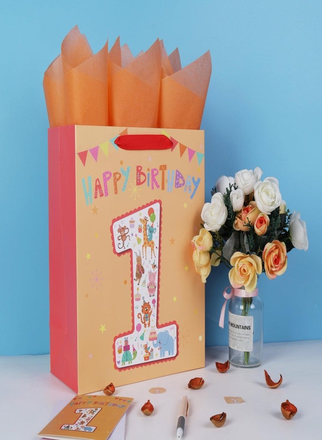 Qirrmiy 13'' Large Baby Boy Girl kids Gift Bag Set with Handles, 1st Birthday Party, Greeting Card, Tissue Papers and Stickers for Baby, Happy First Birthday, 1 Year Old Birthday, Animals Design, 1 Pcs - Image 5