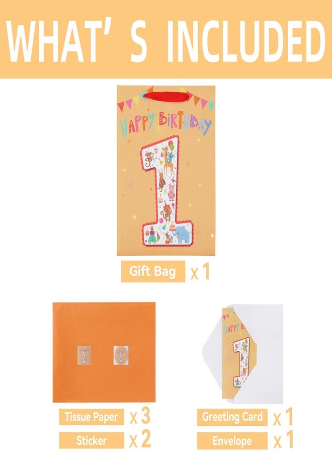 Qirrmiy 13'' Large Baby Boy Girl kids Gift Bag Set with Handles, 1st Birthday Party, Greeting Card, Tissue Papers and Stickers for Baby, Happy First Birthday, 1 Year Old Birthday, Animals Design, 1 Pcs - Image 3