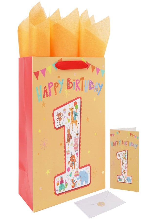 Qirrmiy 13'' Large Baby Boy Girl kids Gift Bag Set with Handles, 1st Birthday Party, Greeting Card, Tissue Papers and Stickers for Baby, Happy First Birthday, 1 Year Old Birthday, Animals Design, 1 Pcs - Image 1