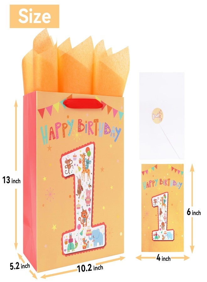 Qirrmiy 13'' Large Baby Boy Girl kids Gift Bag Set with Handles, 1st Birthday Party, Greeting Card, Tissue Papers and Stickers for Baby, Happy First Birthday, 1 Year Old Birthday, Animals Design, 1 Pcs - Image 2
