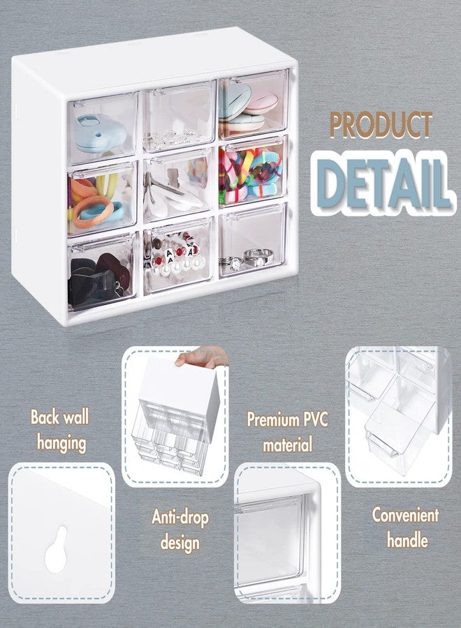 Rtteri 9 Pieces Mini Drawer Organizer Plastic Desktop Storage Box Desk Craft Organizer with 9 Clear Drawers for Office Home Jewelry Small Parts Belongings Cosmetics Collection, Wall Mounted (White) - Image 3