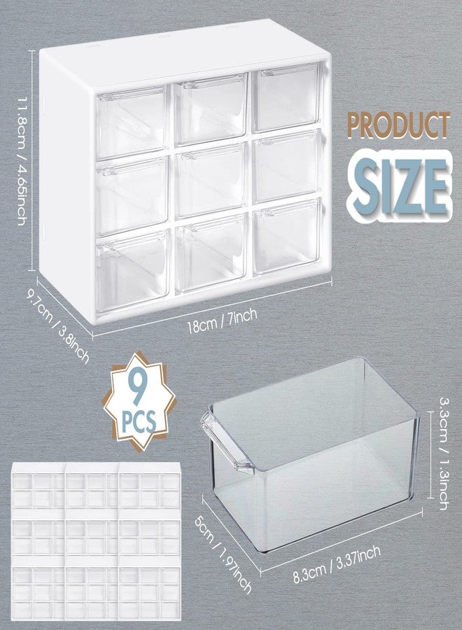 Rtteri 9 Pieces Mini Drawer Organizer Plastic Desktop Storage Box Desk Craft Organizer with 9 Clear Drawers for Office Home Jewelry Small Parts Belongings Cosmetics Collection, Wall Mounted (White) - Image 2