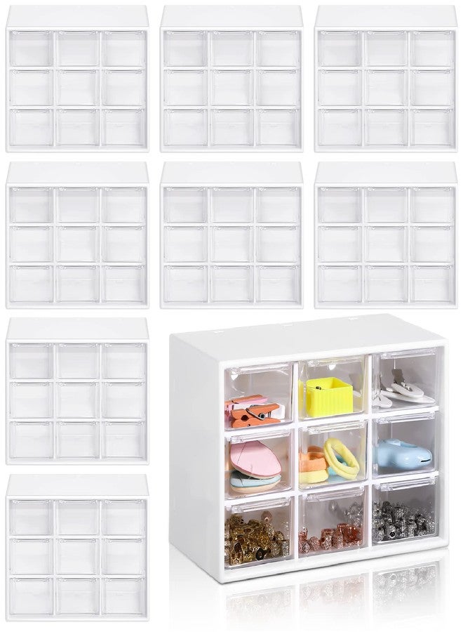 Rtteri 9 Pieces Mini Drawer Organizer Plastic Desktop Storage Box Desk Craft Organizer with 9 Clear Drawers for Office Home Jewelry Small Parts Belongings Cosmetics Collection, Wall Mounted (White) - Image 1