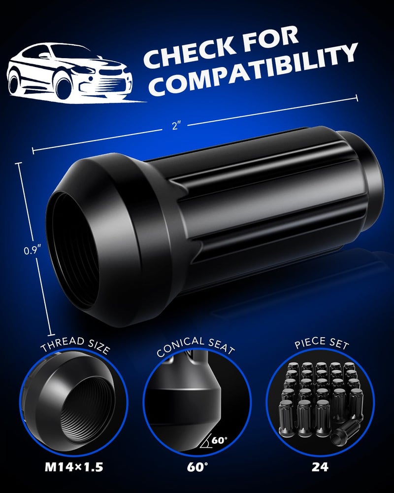 Orion Motor Tech M14x1.5 Lug Nuts Black with Spline Tuner, XL 2 inches Length Conical Wheel Nut, Compatible with Chevy GMC Ford Cadillac Lincoln SAAB Saturn Silverado 1500 Savana, Set of 24 - Image 2