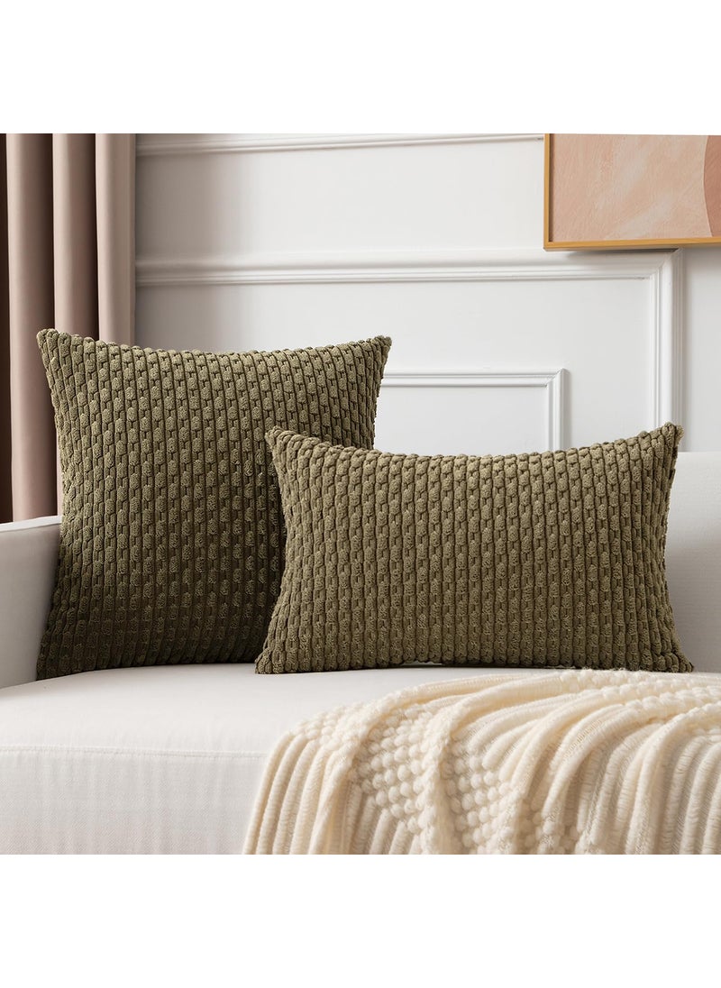 K KEVIN TEXTILE Kevin Textile Pack of 2 Corduroy Decorative Throw Pillow Covers 22x22 Inch Soft Boho Striped Pillow Covers Modern Farmhouse Home Decor for Spring Sofa Living Room Couch Bed Olive Green  - Image 4