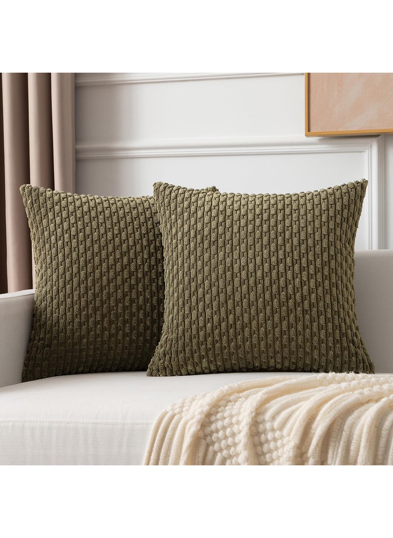 K KEVIN TEXTILE Kevin Textile Pack of 2 Corduroy Decorative Throw Pillow Covers 22x22 Inch Soft Boho Striped Pillow Covers Modern Farmhouse Home Decor for Spring Sofa Living Room Couch Bed Olive Green  - Image 1
