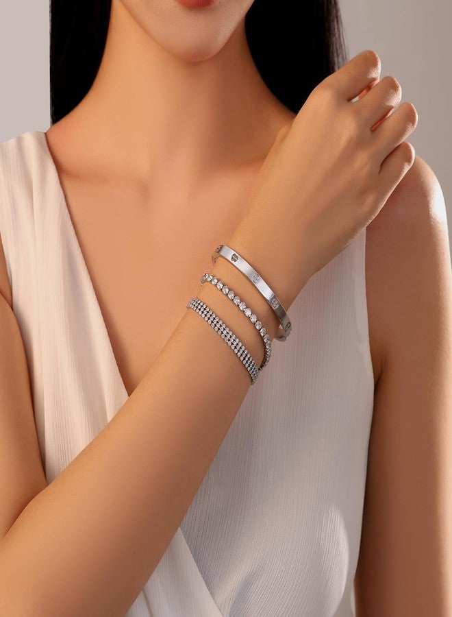 MVCOLEDY 18K Gold Plated Love Bangle Bracelet Set Cubic Zirconia Classic Stainless Steel Adjustable CZ Gold,Silvery,Colorful CZ Love Bracelets Stack for women (Silvery) - Image 2