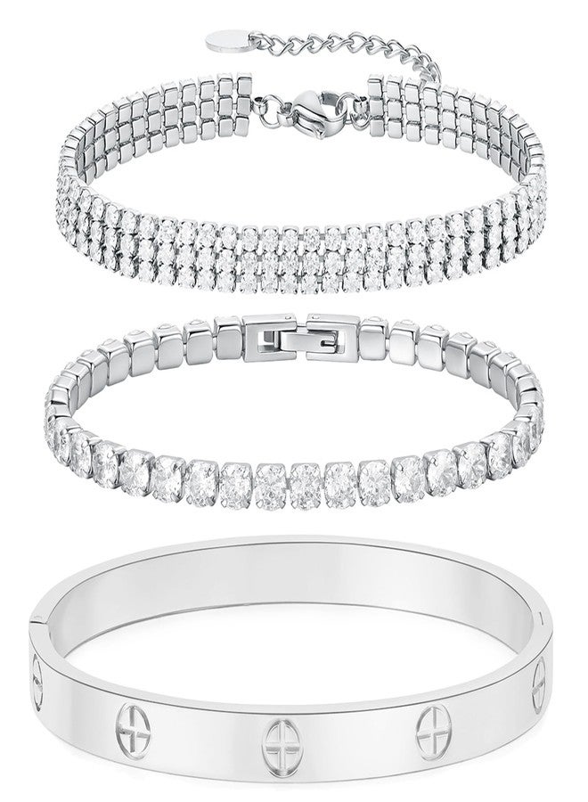 MVCOLEDY 18K Gold Plated Love Bangle Bracelet Set Cubic Zirconia Classic Stainless Steel Adjustable CZ Gold,Silvery,Colorful CZ Love Bracelets Stack for women (Silvery) - Image 1