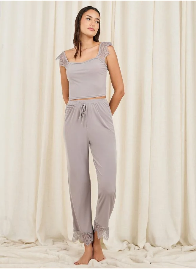 Styli Lace Trim Strappy Cami and Pyjama Set