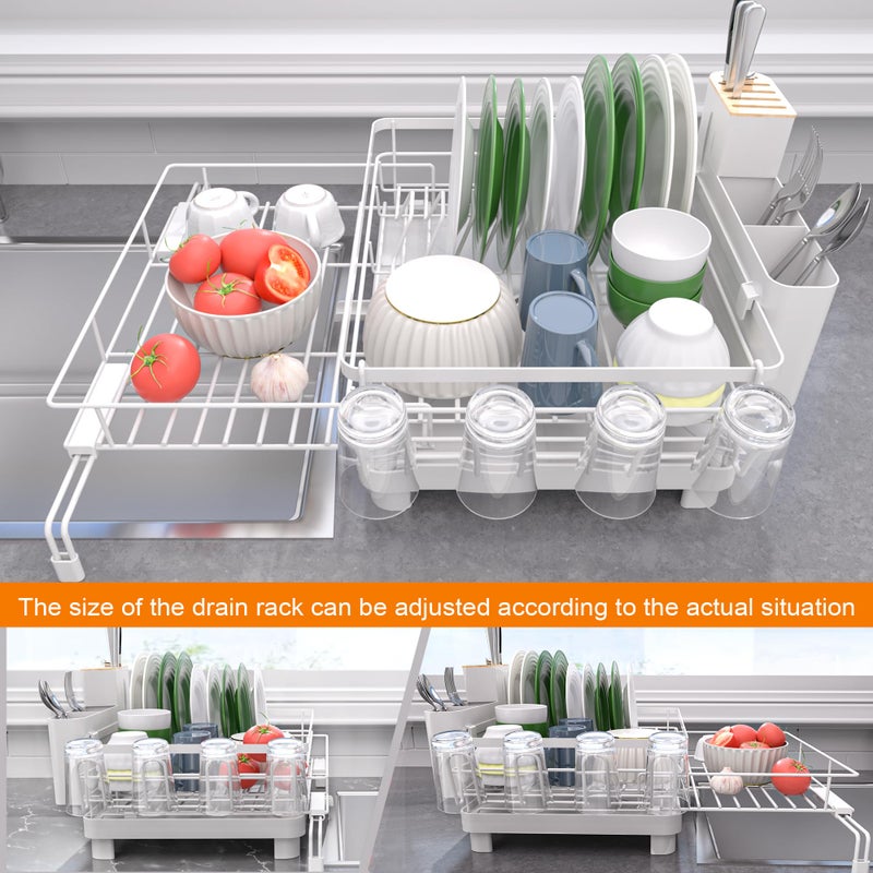 Runnatal Dish Drying Rack, Extendable Dish Rack Over Sink, Large Stainless Steel Dish Strainer with Drainboard, Utensil Holder & Cup Holder for Kitchen Counter, White - Image 3