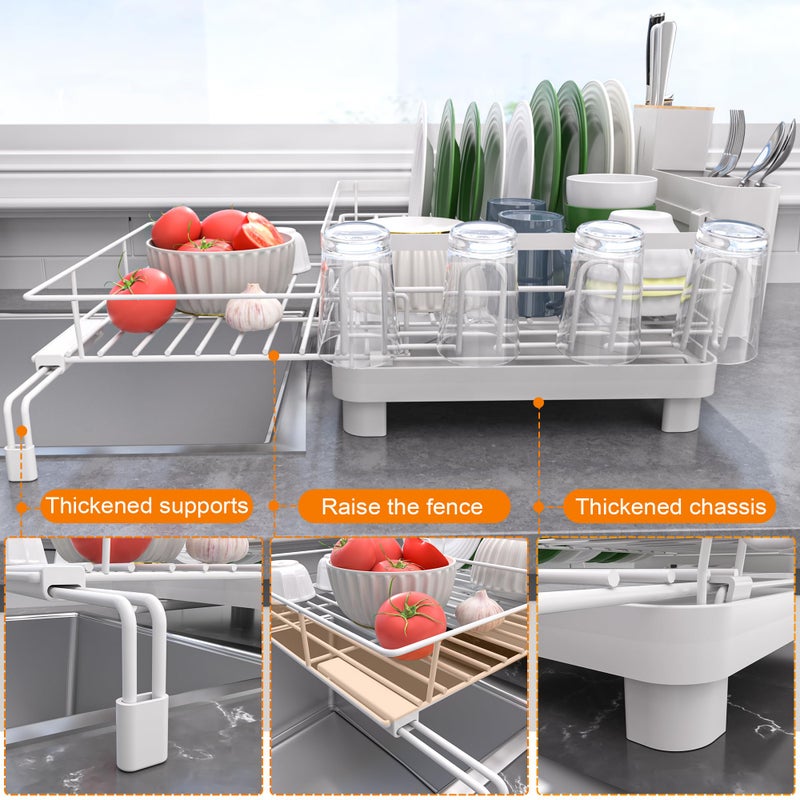 Runnatal Dish Drying Rack, Extendable Dish Rack Over Sink, Large Stainless Steel Dish Strainer with Drainboard, Utensil Holder & Cup Holder for Kitchen Counter, White - Image 4