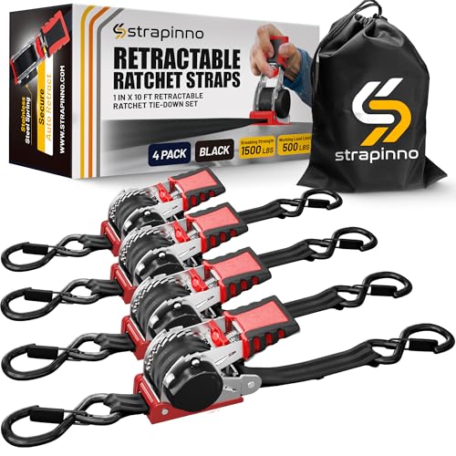 Strapinno Retractable Ratchet Straps 1 in x 10 ft, Secure Tie-Downs with Rubber-Coated Steel Handles, for Motorcycle, Jetski, Kayak, Breaking Strength 1,500LBS/680KG - Image 1