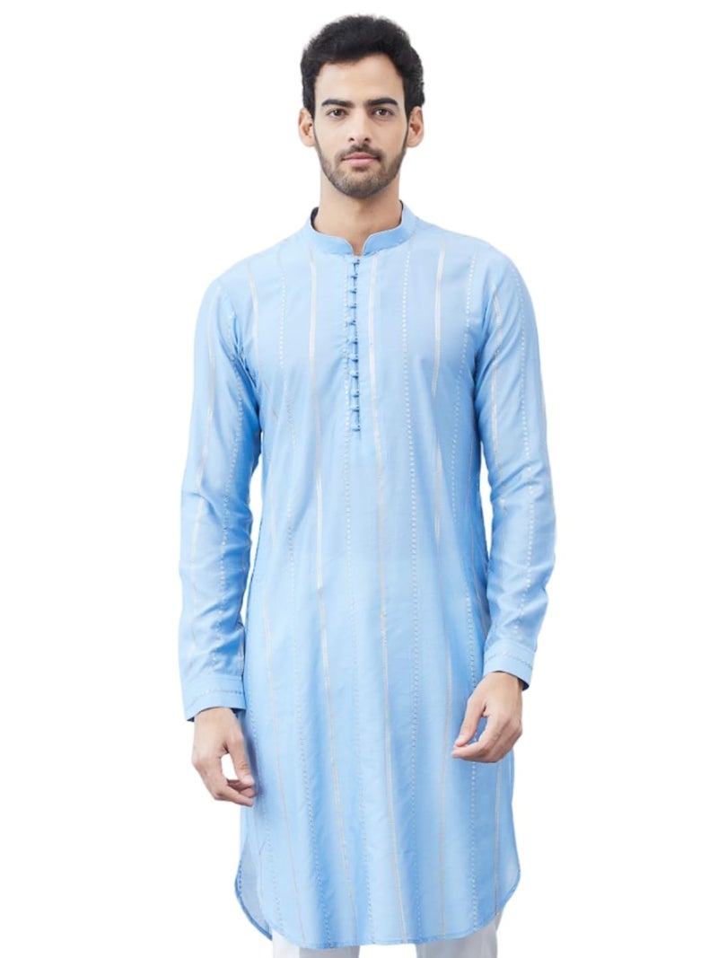 See Designs Men Turquoise Blue Sequince Cotton Kurta Long Sleeves_SDKT1444XL - Image 1