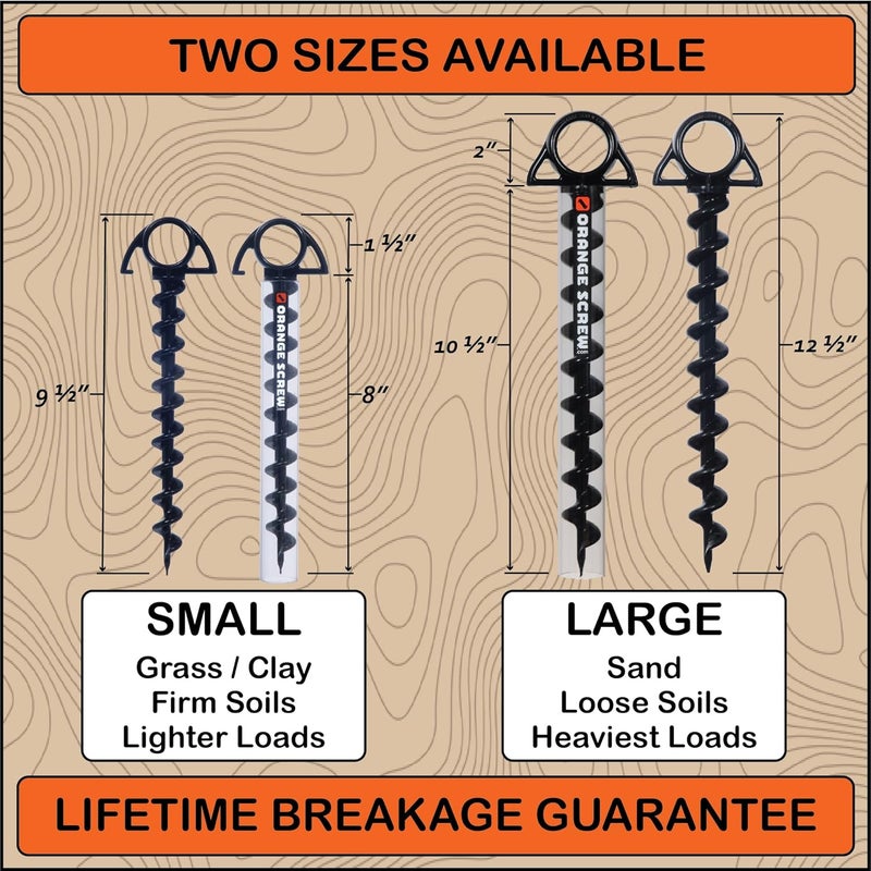 Orange Screw Ultimate Ground Anchors: Heavy Duty Screw-in Tent Stakes for High Wind, Sand, Canopies, and Camping - Made in USA, 100% Recycled, Included T-Grip Tool - (Small, 4 Pack) - Image 4