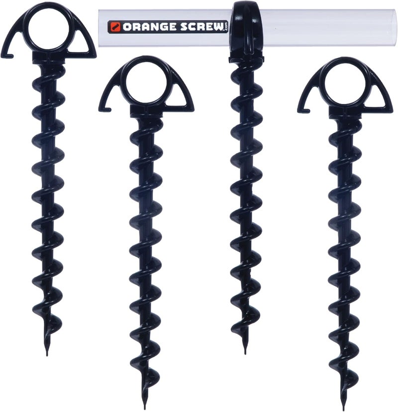Orange Screw Ultimate Ground Anchors: Heavy Duty Screw-in Tent Stakes for High Wind, Sand, Canopies, and Camping - Made in USA, 100% Recycled, Included T-Grip Tool - (Small, 4 Pack) - Image 1