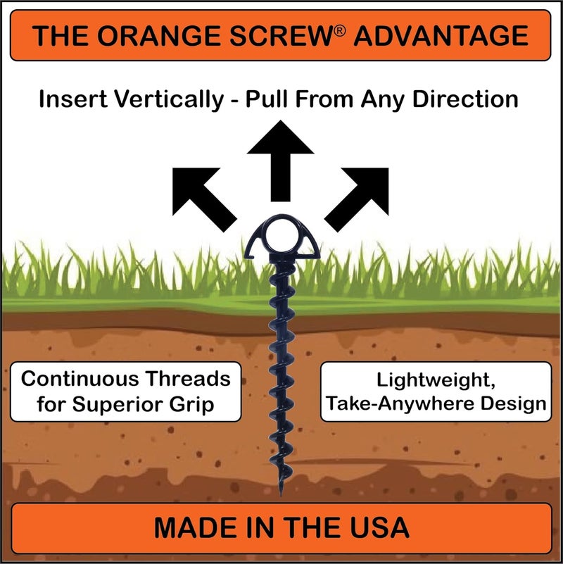 Orange Screw Ultimate Ground Anchors: Heavy Duty Screw-in Tent Stakes for High Wind, Sand, Canopies, and Camping - Made in USA, 100% Recycled, Included T-Grip Tool - (Small, 4 Pack) - Image 3