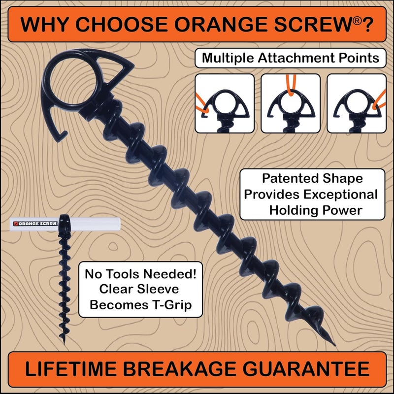 Orange Screw Ultimate Ground Anchors: Heavy Duty Screw-in Tent Stakes for High Wind, Sand, Canopies, and Camping - Made in USA, 100% Recycled, Included T-Grip Tool - (Small, 4 Pack) - Image 2