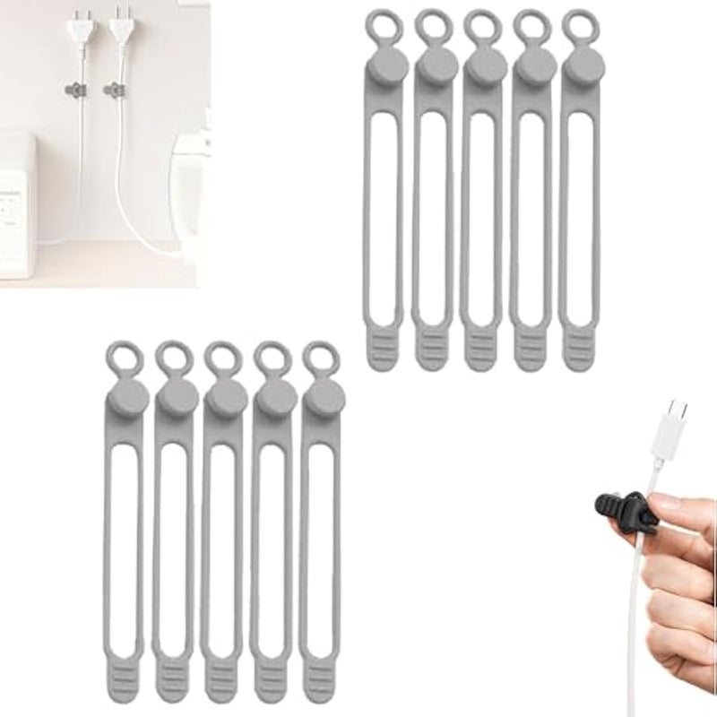 Silicone Cable Ties, 2025 Magnetic Data Cable Organizers Reusable Cable Ties Wire Organizer Adjustable Fastening Cable Straps Silicone Cable Straps Cord Organizer for Bundling (Grey, 10Pcs) - Image 1