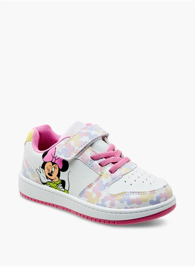 Disney Girls Minnie Mouse Print Sneakers with Hook and Loop Closure