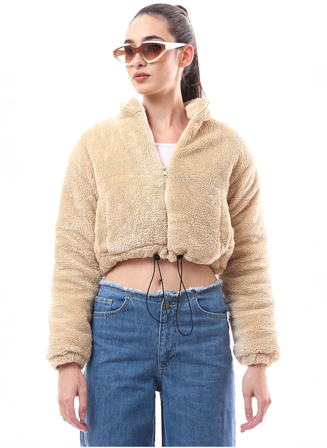 RAVIN Full Zipped Beige Fur Jacket with Side Pockets  - Image 1
