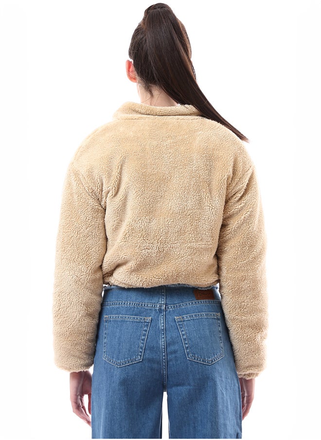 RAVIN Full Zipped Beige Fur Jacket with Side Pockets  - Image 3