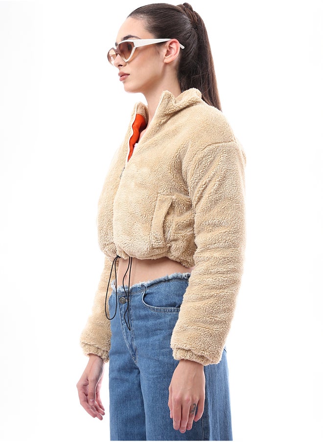RAVIN Full Zipped Beige Fur Jacket with Side Pockets  - Image 2