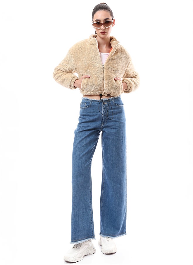 RAVIN Full Zipped Beige Fur Jacket with Side Pockets  - Image 5