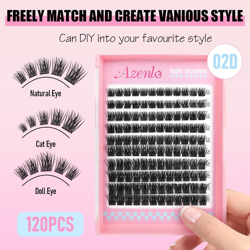 Azenlo Natural Lash Clusters Kit Wispy Eyelash Clusters 120 pcs Cluster Eyelash Extensions C Curl Individual Lashes 10-16 mm Mix Length Natural Look Lashes Clusters with Thin Lash Bandï¼ˆ02D-Lash KIT) - Image 2