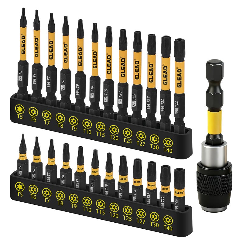 ELEAD Tamper Proof Torx Bit Set: 25 Pieces T5-T40 Torx Security Bits Set | Torque Star Bits with 2.5" Magnetic Extension Bit Holder and Storage Box | S2 Steel - Image 1