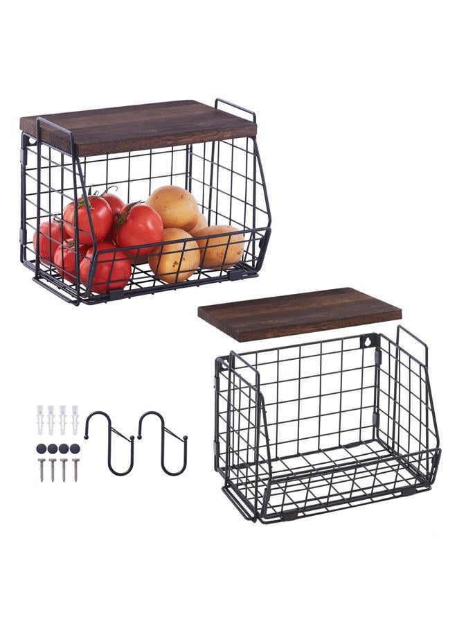 LIGHT DUST Wall Storage Hanging Baskets 2 Pack - Large Wooden Top Wire Basket Organizers & S Hooks - Assemble Floating Shelves Racks for Pantry Kitchen Office Bathroom Garage Organization - Image 1