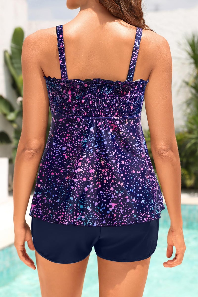 Yonique Flowy Tankini with Shorts - Tummy Control Two Piece Swimsuit with Pockets Smocked Bandeau Bathing Suit 2026 Swimwear Starry Sky L - Image 2