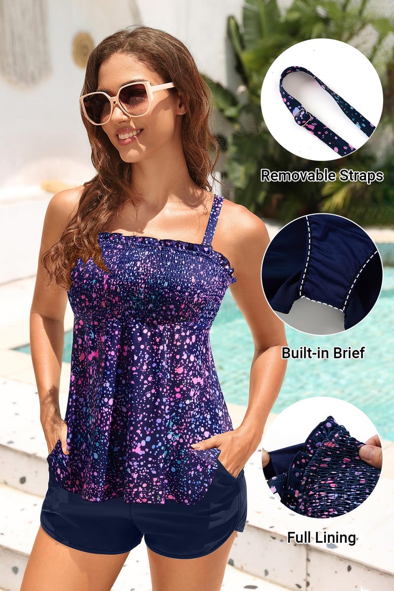 Yonique Flowy Tankini with Shorts - Tummy Control Two Piece Swimsuit with Pockets Smocked Bandeau Bathing Suit 2026 Swimwear Starry Sky L - Image 5