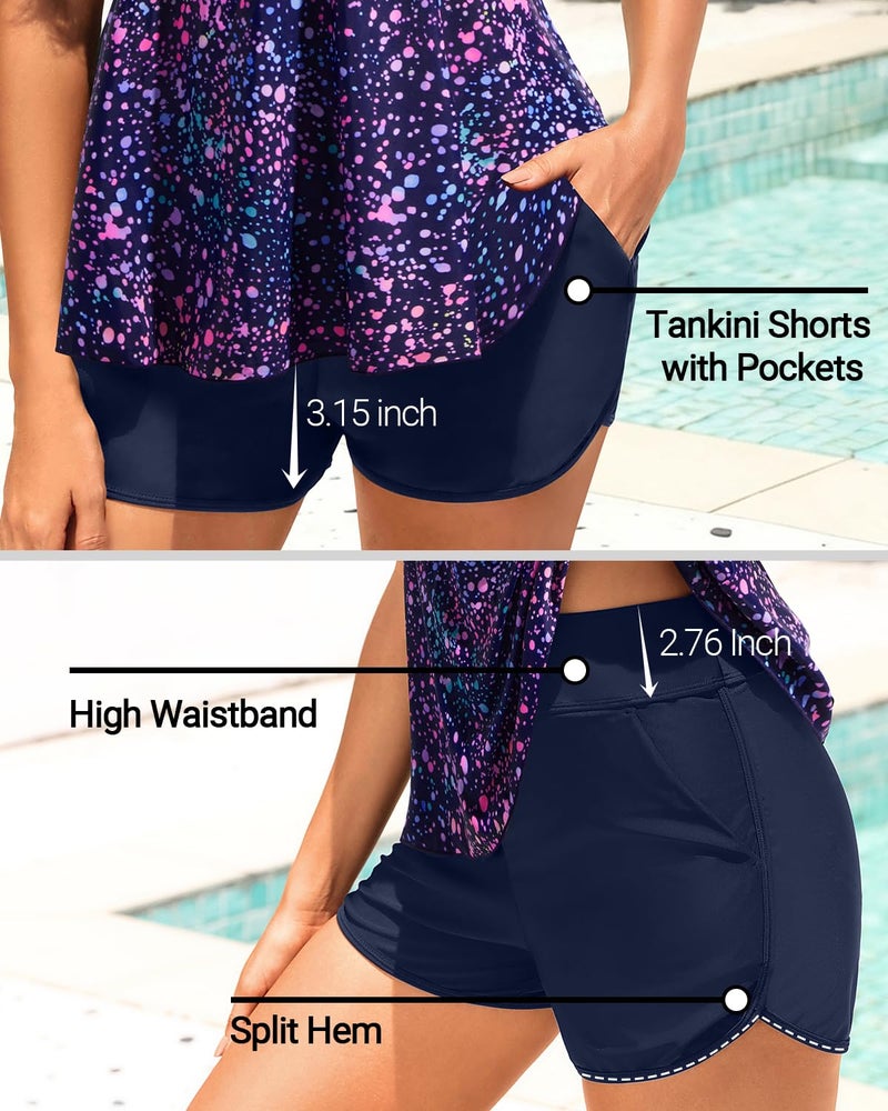 Yonique Flowy Tankini with Shorts - Tummy Control Two Piece Swimsuit with Pockets Smocked Bandeau Bathing Suit 2026 Swimwear Starry Sky L - Image 4