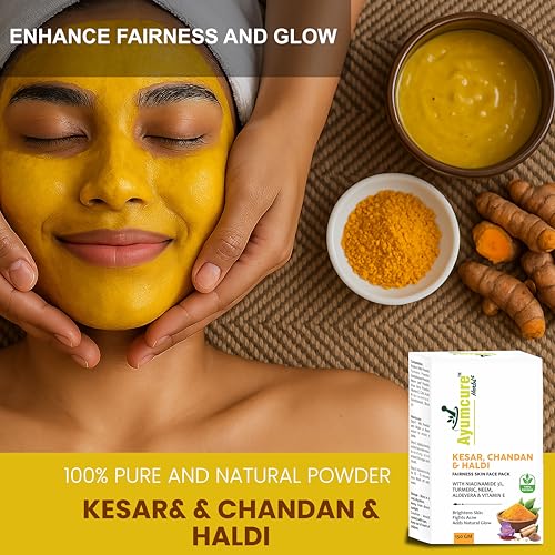 Ayumcure Radiance Face Pack – Kesar, Chandan & Haldi with 3% Niacinamide | Fights Acne, Brightens & Nourishes Skin | Cleanses Pores, Removes Tan & Dead Skin | 100% Natural for Men & Women | 150g - Image 2