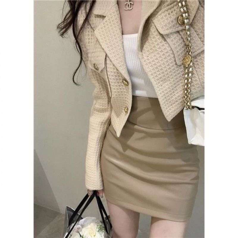 AutumnSimple Korean Style Womens Long Sleeve Cardigan Jacket + Hidden Body Fat Skirt 2-Piece Set Commuting Fashion Jacket + skirt 