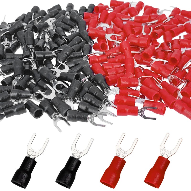 Teansic 200 Pcs 22-16 AWG #8 Black & Red Insulated Brass Fork Wire Connector U Type Electrical Crimp Spade Terminals (100 Red + 100 Black) - Image 1