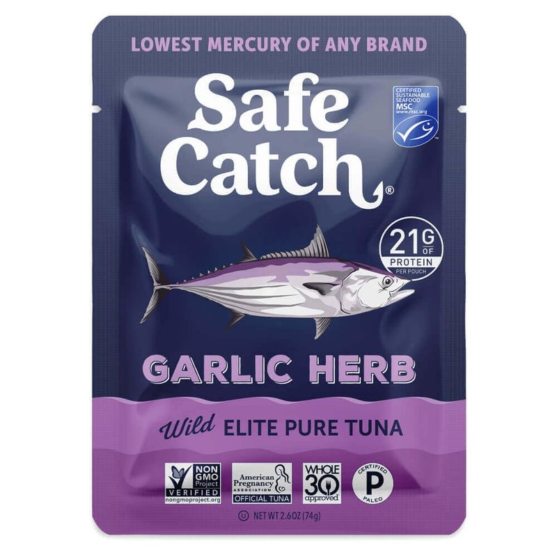 Safe Catch Elite Lowest Mercury Wild-Caught Tuna Fish Pouch, Garlic Herb Flavor, Gluten-Free, Paleo, Non-GMO, High Protein, Keto Food, 2.6oz, Pack of 12 - Image 1