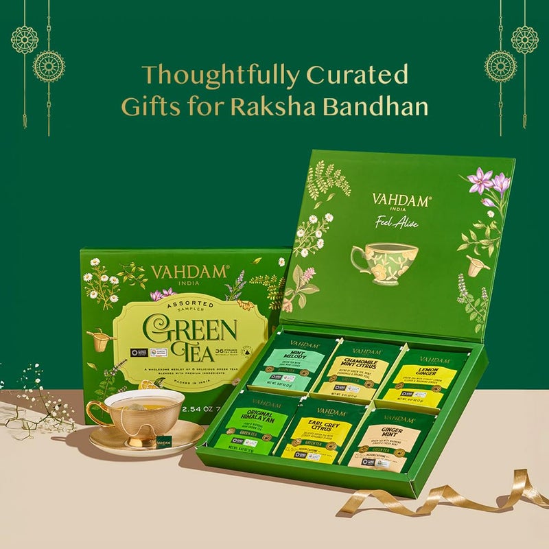 Vahdam مجموعة عينات شاي أخضر متنوعة من VAHDAM (36 كيس شاي هرمية، 6 نكهات) | هدية راخي مميزة للأخ والأخت | مجموعات هدايا شاي أخضر متنوعة، هدية راخي للأخت - Image 2